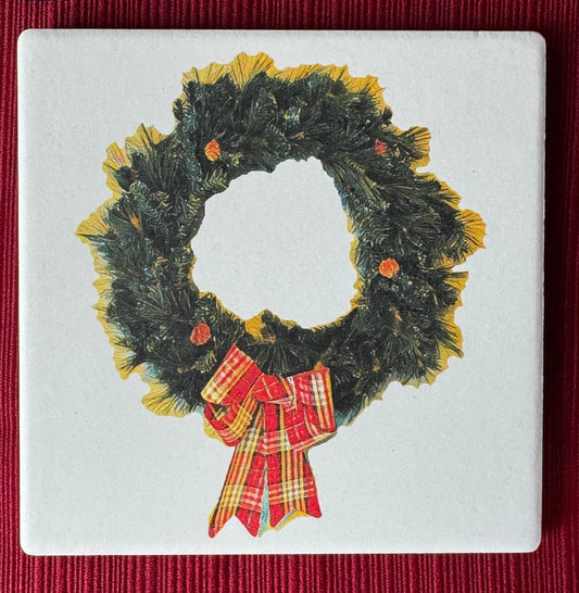 Wreath with Plaid Bow - Single Ceramic Drink Coaster